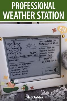 a stuffed animal sitting in front of a computer monitor with the words professional weather station on it