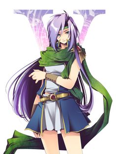 an anime character with purple hair and green scarf