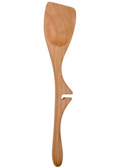 a wooden spoon with a curved handle