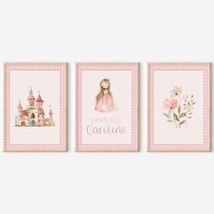 three princess wall art prints in pink and white with the words princess, castle, and flower