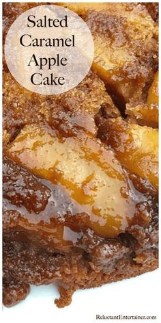 salted caramel apple cake on a white plate with text overlay that reads salted caramel apple cake