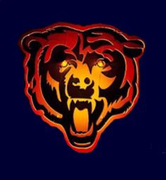 the chicago bears logo is lit up in red and orange lights on a dark blue background