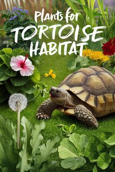 an image of a tortoise in the grass with flowers and plants around it