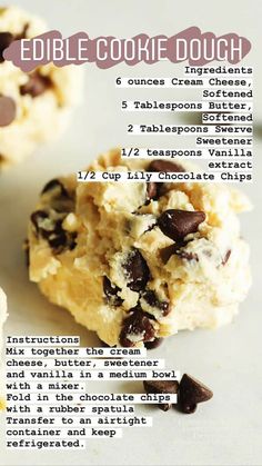 an advertisement for edible cookie dough with chocolate chips on top and text describing the ingredients