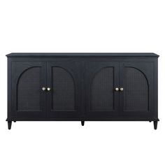 a black cabinet with three doors and two handles