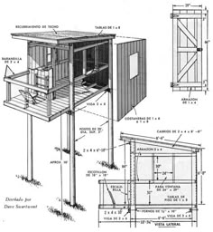 the plans for a small house with an attached porch and balcony, as well as other details