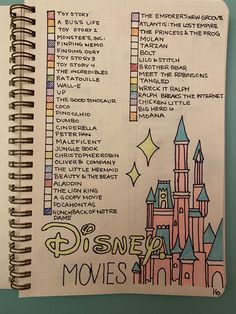 a spiral notebook with disney movies written on the pages and an image of a castle