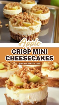 apple crisp mini cheesecakes on a white plate