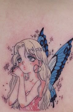 a girl with a butterfly tattoo on her back