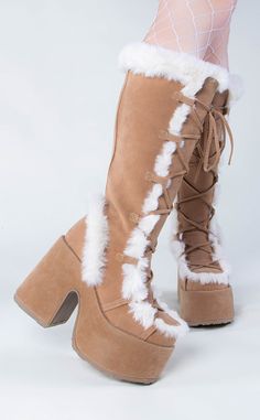 CAMEL-311 Camel Fluffy Faux Suede Boots-Demonia-Tragic Beautiful Brown Platform Boots, Aesthetic Vintage Outfits, Punk Festival, Demonia Boots, Fluffy Boots, Camel Boots, Tall Winter Boots, Demonia Shoes, Pretty Shoes Sneakers