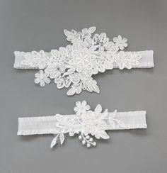 Lace garter set - Lace and various hand-beaded ivory beads and pearls on delicate embroidered lace, hand sew the stretch band. ** Set of garter (Keepsake garter & toss garter) ** Stretch band color :  white and ivory ** Lace piece size :  keepsake garter approximately 5" X 3"                          toss garter approximately 3.5" x 2" ** Comes with a pink box. ** Here is a listing for keepsake garter. https://www.etsy.com/listing/1682163076/lace-garter-beaded-lace-garter-wedding?click_key=a90fdfc849e8deb4bd2ac5802bbb07f5981607e9%3A1682163076&click_sum=8cb8a174&ref=shop_home_active_61  Custom Order  Please choose your thigh size (where you will be wearing the garter) and leave your wedding date(for a timely delivery) in the "note to seller" box during your checkout.  Garter Size Measuremen Garter Keepsake, Garters For Wedding, Garter Set Wedding, Lace Wedding Garter Set, Lace Garter Set, Garter Wedding, Garter Toss, Wedding Garter Lace, Bridal Garters Set