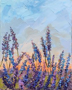 an oil painting of lavender flowers in front of a blue sky