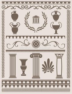 an ancient greek pattern with columns, vases and other items in the style of classical art