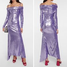 The Attico Purple Off-Shoulder Sequin Dress. Crafted To An Off-Shoulder Silhouette With A Draped Bodice, This Long Dress From The Attico Is Detailed With Shimmering Sequin Embellishment In A Playful Lilac Hue And Finished With An Asymmetric Hem. Made In Italy. Pre-Owned Condition. Size 38. Bachelorette Dinner, Festive Dress, Draped Bodice, Sequin Embellishment, The Attico, Asymmetric Hem, Sequin Dress, Off The Shoulder, Long Dress