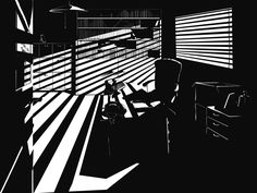 a black and white photo of a chair in a room with sun shining through the blinds