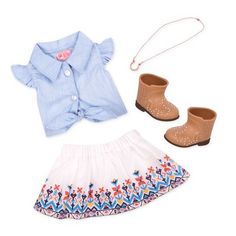 a doll outfit and shoes are shown on a white background, including a shirt, skirt, booties, and headband