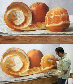 two pictures of an orange being sliced into pieces