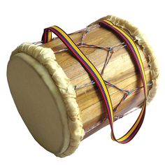 a close up of a drum on a white background with a colorful ribbon around it