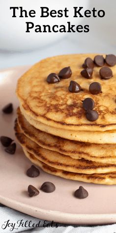 the best keto pancakes on a plate with chocolate chips