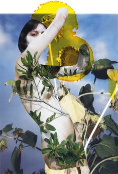 an altered photograph of a naked woman surrounded by leaves and flowers on a blue sky background