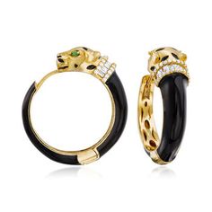 Ross-Simons - .88ct t.w. White Zircon, .10ct t.w. Green Chrome Diopside Panther Hoop Earrings Over, Black Enamel. 1". Flaunt our fierce hoops! Here, .88 ct. t.w. white zircon collars and .10 ct. t.w. green chrome diopside marquise eyes adorn the brave panthers. Crafted in polished 18kt yellow gold over sterling silver with black enamel. Hanging length is 1". Hinged post, green chrome diopside and white zircon panther hoop earrings. Mens Diamond Jewelry, Green Chrome, Enamel Ring, Enamel Jewelry, Fine Jewellery Earrings, Jewelry Earrings Hoops, Black Enamel, Sterling Earrings, Panther