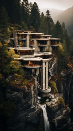 an unusual house built into the side of a cliff with a waterfall running through it