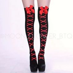 Black Red Lace Up Printed Thigh High Over The Knee Stockings Add A Touch Of Edgy Style To Your Wardrobe With These Black And Red Lace Up Printed Thigh High Over The Knee Stockings. Made From A Soft And Stretchy Breathable Material, These Stockings Are Not Only Comfortable To Wear, But Also Stay In Place All Day Long. The Lace Up Design Adds A Unique And Eye-Catching Detail, Making Them Perfect For Punk, Goth, Grunge, Or Everyday Wear. They Are Also Great For Halloween, Costumes, And Cosplay. Wit Gothic Red Bottoms For Party, Fitted Red Stockings For Party, Fitted Red Party Stockings, Fitted Red Legwear For Party, Kawaii Goth, Scene Emo, Red Lace, Thigh Highs, Over The Knee