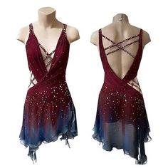 two mannequins dressed in red, blue and black dresses with beading