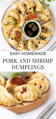 two plates filled with dumplings on top of a white plate and the words, easy homemade pork and shrimp dumplings