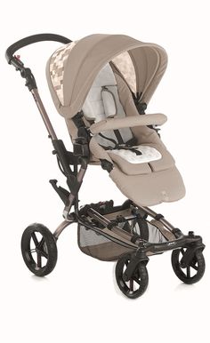 a baby stroller with wheels and seat on the side, in beige color scheme