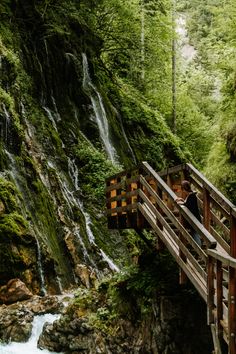 a man standing on a wooden bridge over a river next to a lush green forest