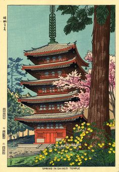 "Japanese art, Japanese landscapes, Cherry blossoms, Sakura blooming art, japanese art prints, posters, woodblock prints and paintings reproductions. Japanese Temple cherry blossoms, Spring in Dagoji by Asano Takeji . \" A beautiful temple view on a spring with many of the trees in gorgeous bloom.\" FINE ART PRINT, high quality reproduction of the antique japanese woodblock print. All fine art prints produced on large wide-format printer, using archival pigment inks, providing the vibrant colors Japan Illustration, Japanese Temple, Japon Illustration, Art Japonais, Japanese Woodblock Printing, Japanese Painting, Art And Illustration