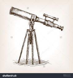 an old telescope on a tripod drawn by hand in black and white stock photo