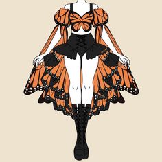 a drawing of a woman with orange butterflies on her dress and black stockings, standing in front of a beige background