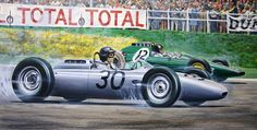 a painting of two racing cars in front of a crowd