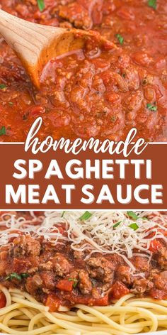 homemade spaghetti with meat sauce in a pan