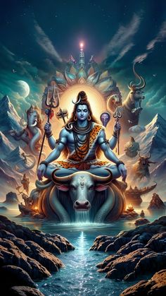 the god is sitting on top of a cow and surrounded by other animals