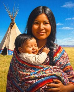 a painting of a woman holding a baby wrapped in a blanket with a teepee tent in the background