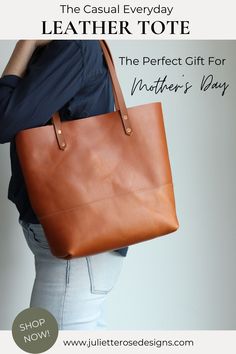 Every mom loves a good tote bag. Help a mother out this Mother's Day by giving her the best leather tote bag money can buy! It's handmade with premium vegetable tanned leather and solid copper rivets in a simple and timeless design so that it will last her years to come, and fit into her casual, minimalist wardrobe perfectly. Complimentary monogramming and shipping! Casual Minimalist Wardrobe, Minimalist Wardrobe