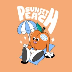 an orange sitting on top of a blue pillow with an umbrella over it's head