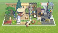 a small house with lots of furniture and accessories in the yard, as well as an umbrella