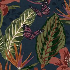 an image of butterflies and flowers on a dark blue background that is seamlessly grouped together