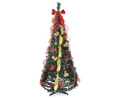 a decorated christmas tree with red and gold ribbons on it's top, against a white background