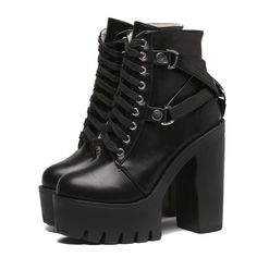 BASSO Geena Boots Goth Platform Boots, Black Buckle Boots, Basic Boots, Leather High Heel Boots, Black Platform Shoes