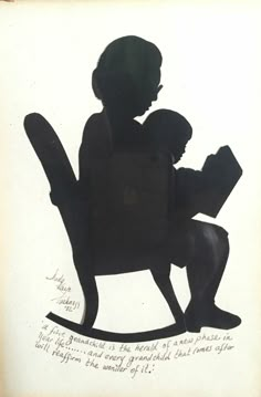 the silhouette of a child sitting in a rocking chair reading a book with his shadow