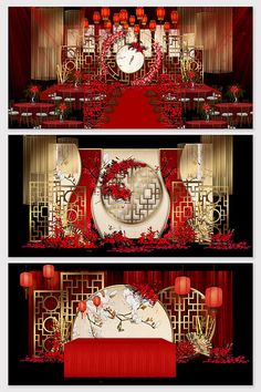 red and black tables with white plates on them in front of a wall decorated with chinese lanterns