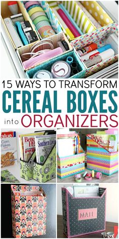 several different ways to transform cereal boxes into organizing bins for crafting and storage