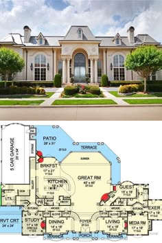 two different views of a large house with lots of windows and landscaping in the front