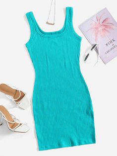 SHEIN EZwear Rib-knit Solid Bodycon Dress | SHEIN USA Casual Light Blue Sleeveless Bodycon Dress, Fitted Blue H&m Dress, Blue Ribbed Knee-length Bodycon Dress, Blue Ribbed Sleeveless Bodycon Dress, Blue Ribbed Mini Bodycon Dress, Navy Blue Dress Casual, Striped Tunic Dress, Kids Dress Wear, Aesthetic Outfit Ideas