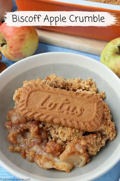 a close up of a plate of food with an apple in the background and text above it